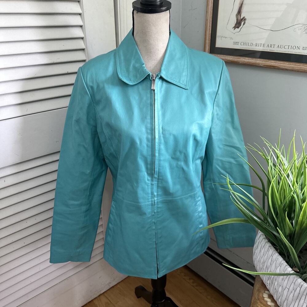 B by Bernardo Leather Jacket Womens Small Blue Full Zip Retro 90s Minimalist